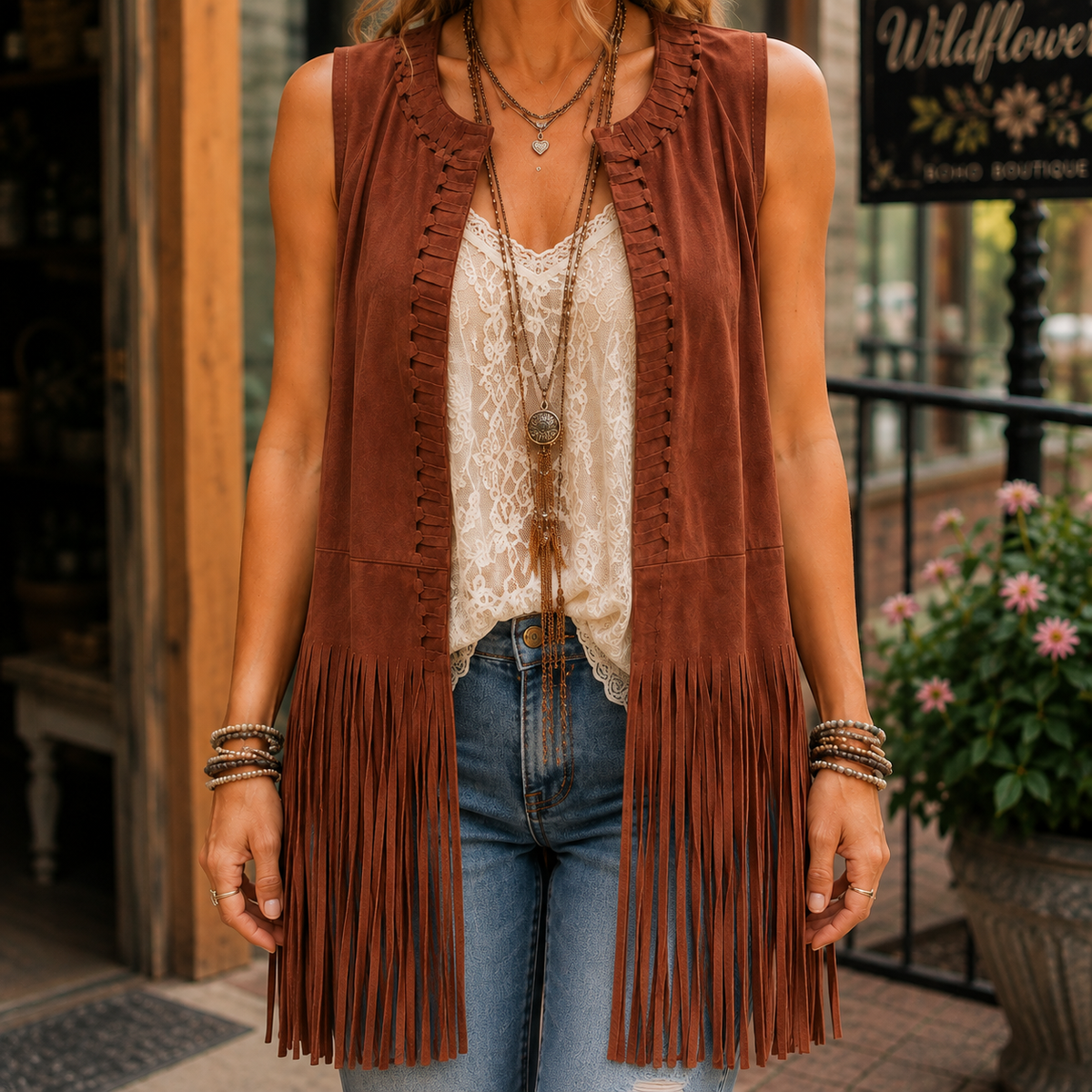 A woman wearing a sleeveless rust-brown suede fringe vest over a cream lace top and blue jeans, standing outdoors in front of a storefront with flowers and a sign in the background.