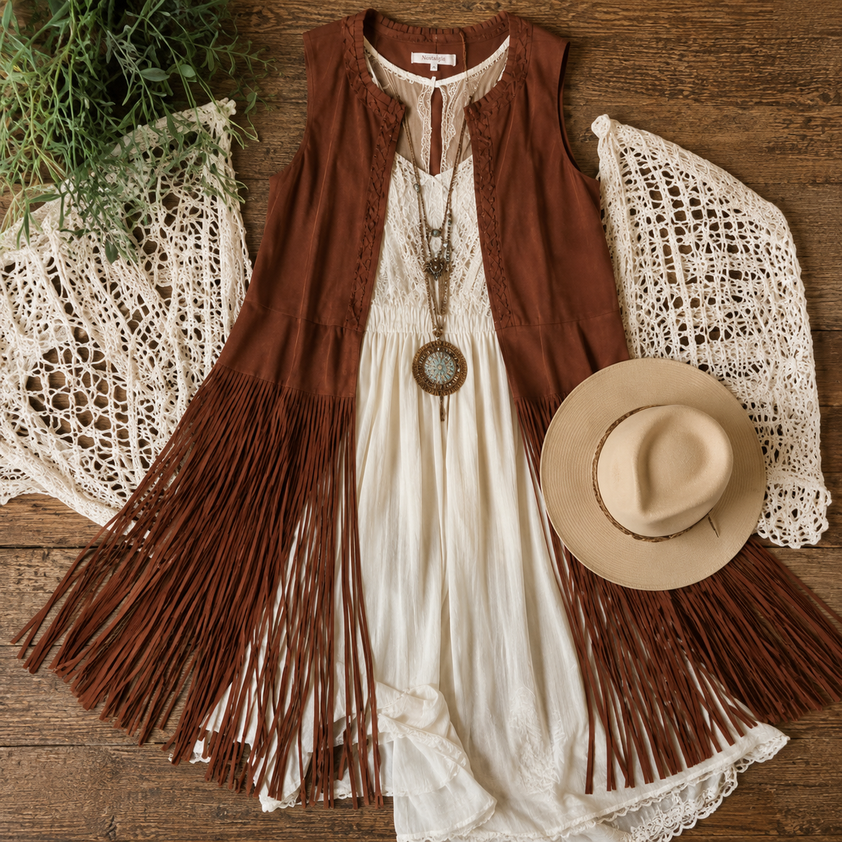 A bohemian-style outfit flat lay featuring a sleeveless rust-brown fringed vest layered over an off-white dress, styled with a cream crochet shawl, a beige wide-brim hat, and green foliage on a rustic wooden background.
