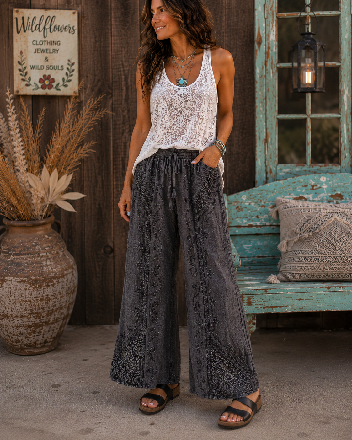A woman stands outdoors in front of a rustic wooden wall and turquoise bench, wearing a white sleeveless lace top and dark charcoal wide-leg embroidered pants with brown sandals.