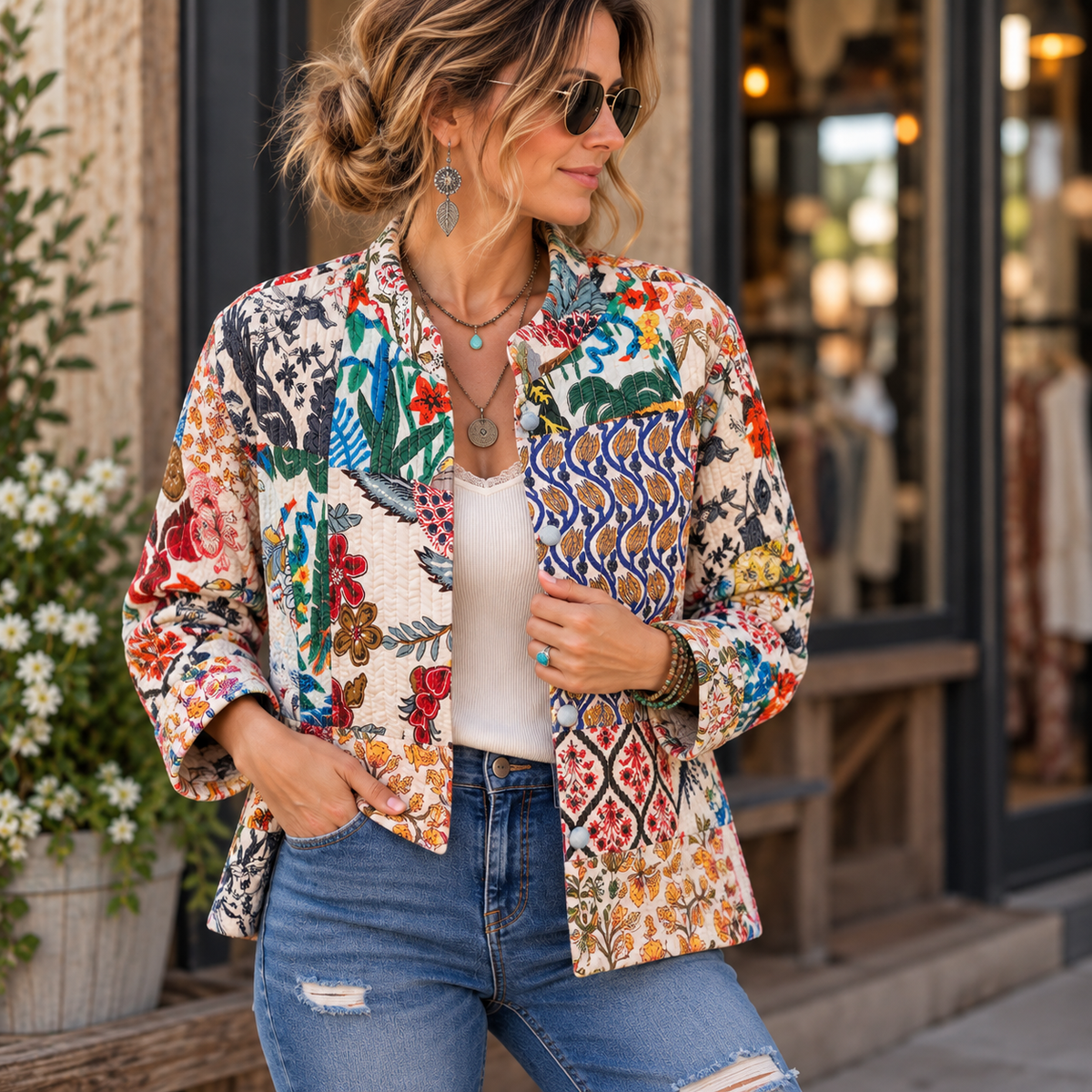 A woman wearing a colorful bohemian-style patchwork jacket with floral and geometric patterns, styled with a white top and blue jeans, standing in front of a storefront.