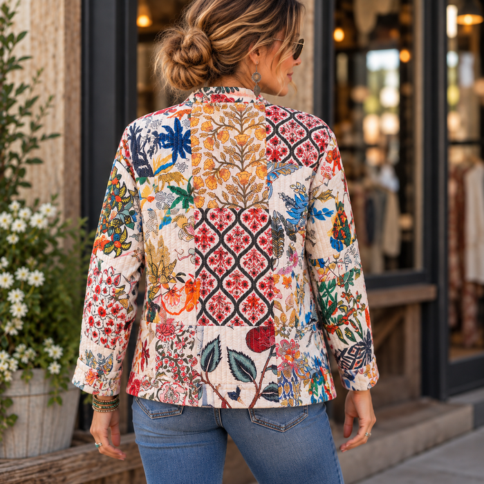 A woman viewed from behind wearing a long-sleeve patchwork quilted jacket with a vibrant multicolor floral and botanical pattern on a cream background, paired with blue jeans in front of a storefront.