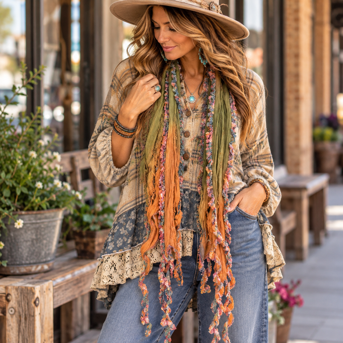 Handmade Monkey Mango boho scarf styled with layered boutique clothing