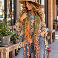 Handmade Monkey Mango boho scarf styled with layered boutique clothing