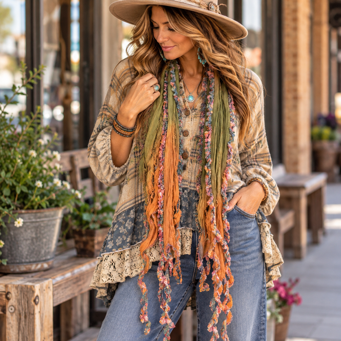 Handmade Monkey Mango boho scarf styled with layered boutique clothing