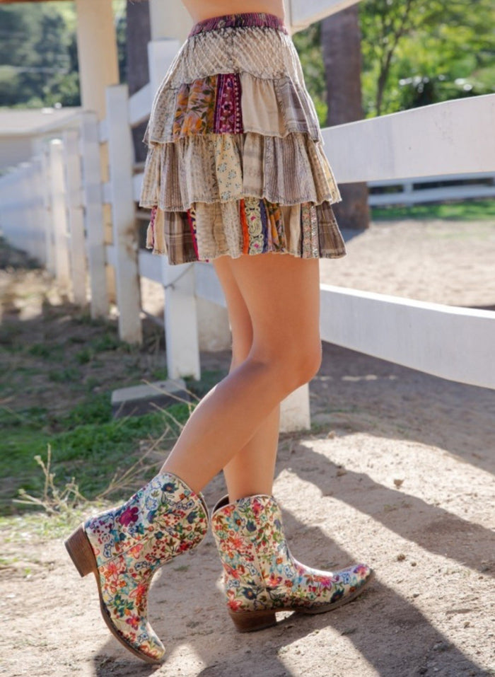 Artisan Patchwork Ruffle Tiered Skirt