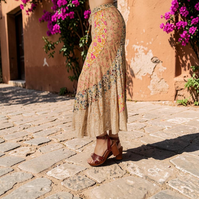 Boho Patchwork Drawstring Maxi Skirt