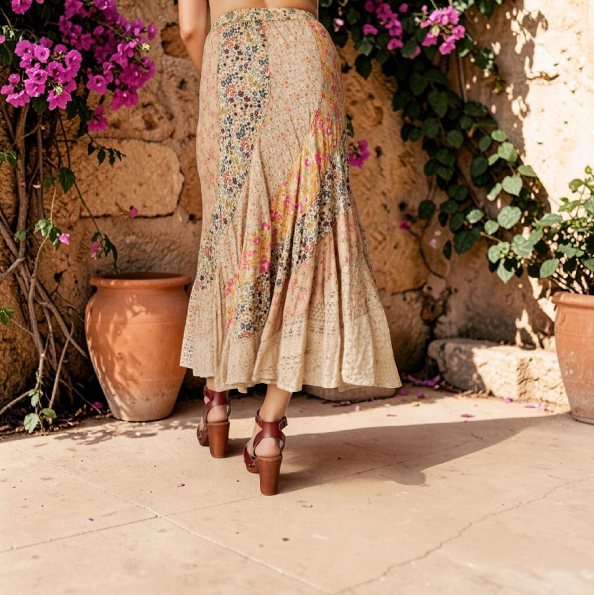 Boho Patchwork Drawstring Maxi Skirt