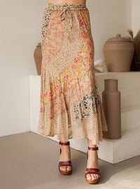 Boho Patchwork Drawstring Maxi Skirt