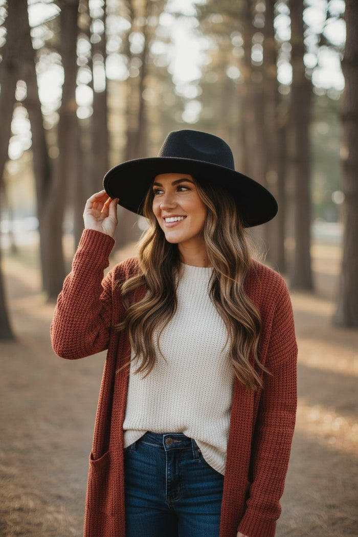 Black Flat Brim Hat with Breaded Strap