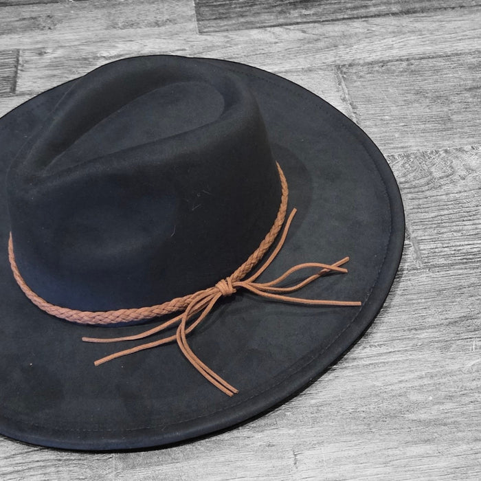 Black Flat Brim Hat with Breaded Strap