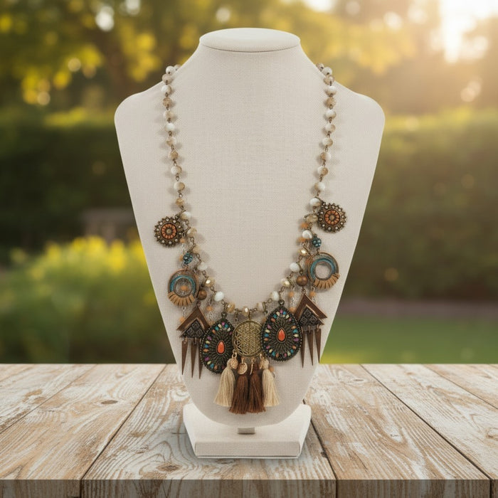 Gina's Originals handmade boho statement necklace with mixed charms, beads and tassels