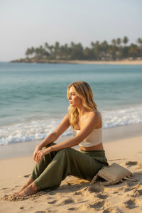 Mid-Rise Vintage Green Flare Cotton Pants