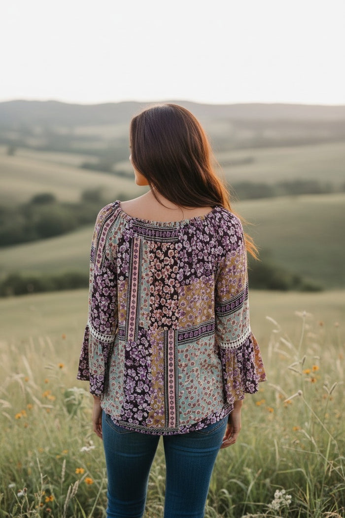Charming Bell Sleeve Patchwork Top