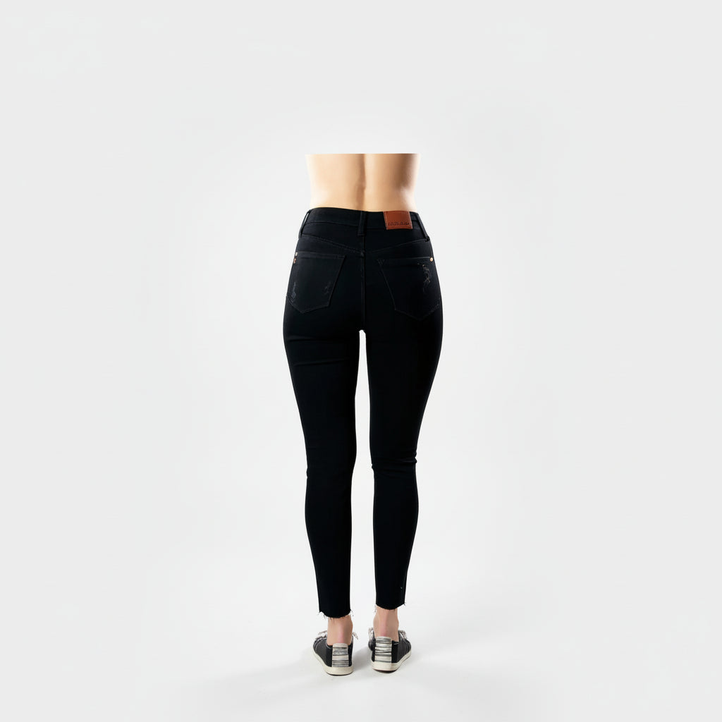 High Waisted Heavy Destruction Raw Hem Skinny Jeans