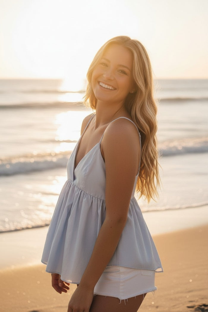 Soft Blue Cotton Top with Bow-Tie