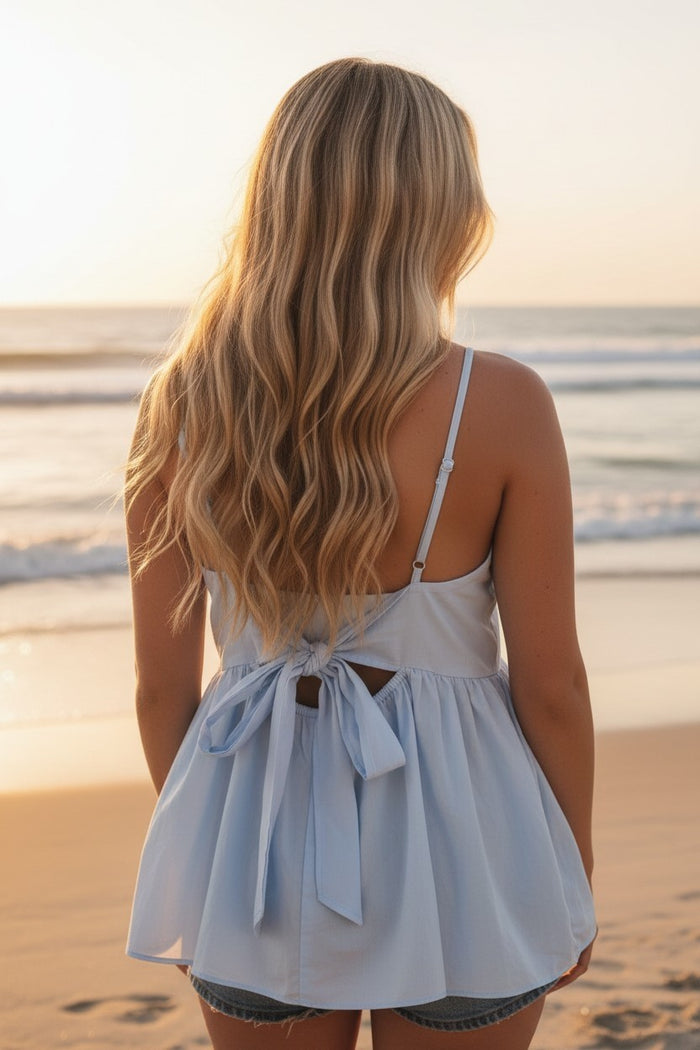 Soft Blue Cotton Top with Bow-Tie