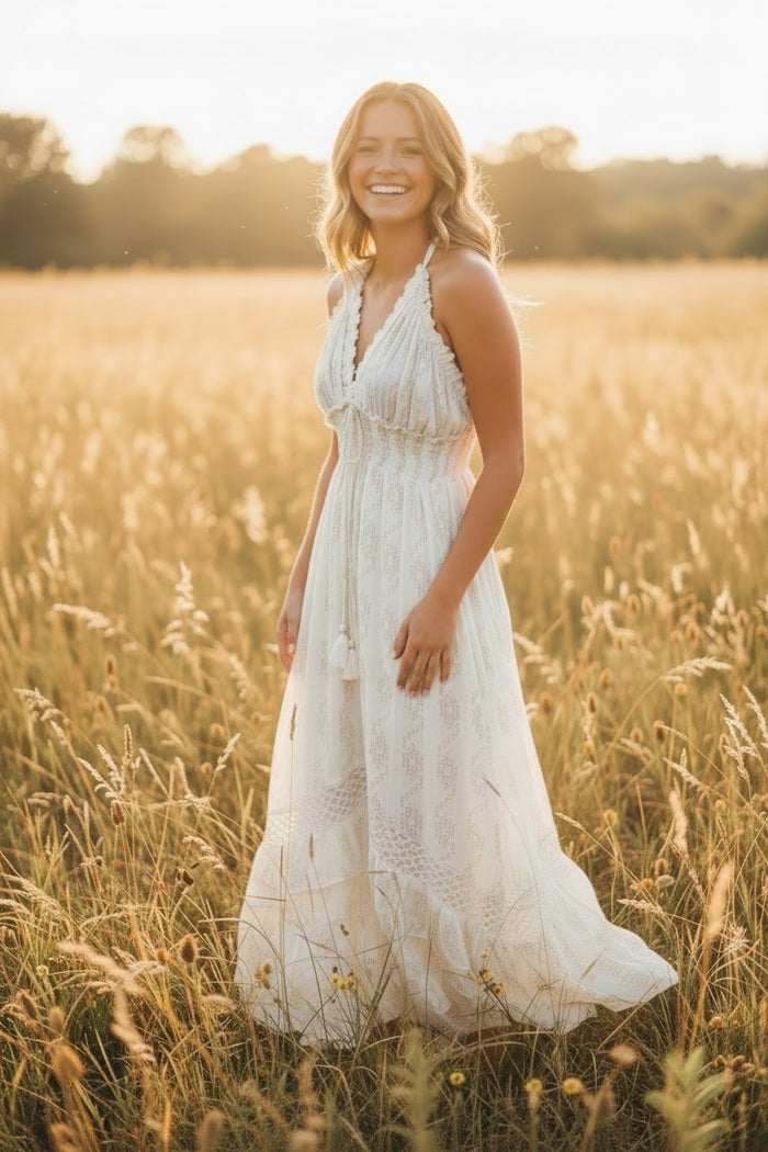 Elegant White & Gold Halter Dress