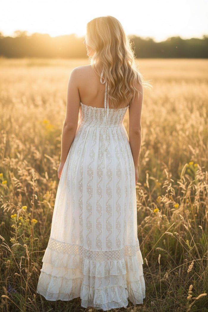 Elegant White & Gold Halter Dress